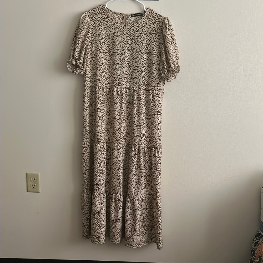 Brown/Tan Leopard Tiered Ruffled Puffy Sleeves Hippie Peplum Boho Maxi Sundress